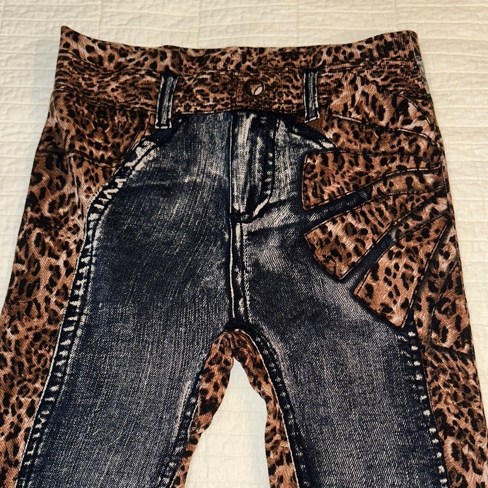 Y2K Denim Look Leggings Leopard Print Vintage One Size NWOT - Picture 2 of 8